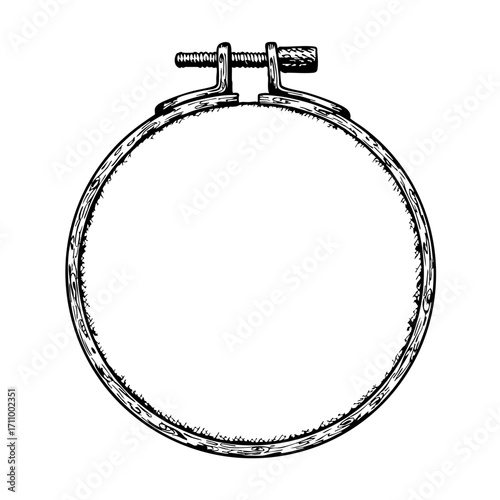 Vintage sketch of a circular embroidery hoop with clamp  