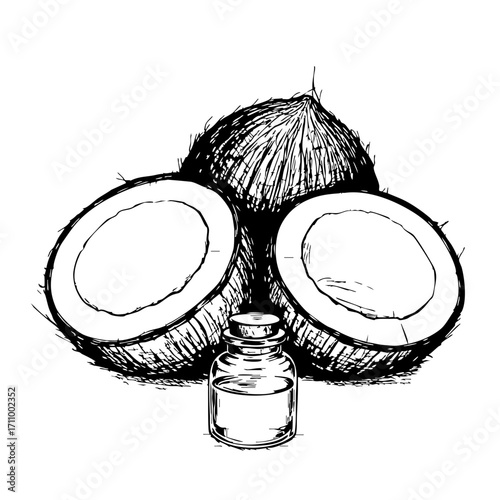 Vintage sketch of coconut halves and a bottle of coconut oil  