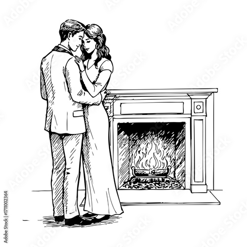 Vintage sketch of a couple dancing by a fireplace  