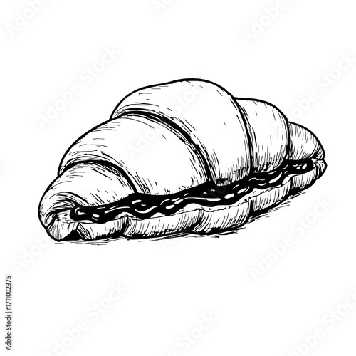 Croissant with jam in a vintage sketch style  