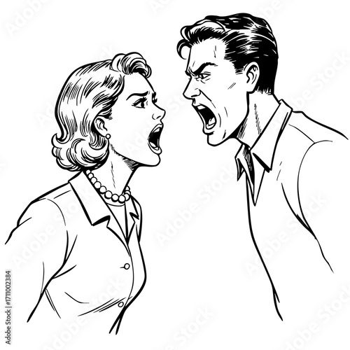 Couple yelling at each other in vintage sketch style  