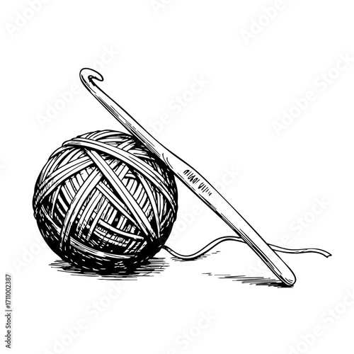 Crochet hook and yarn ball vintage sketch  