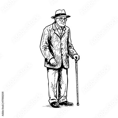 Elderly man in a suit using a cane and wearing a hat in a vintage sketch  