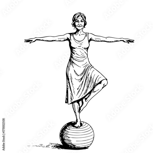 Elderly woman balancing on exercise ball in a vintage sketch style  
