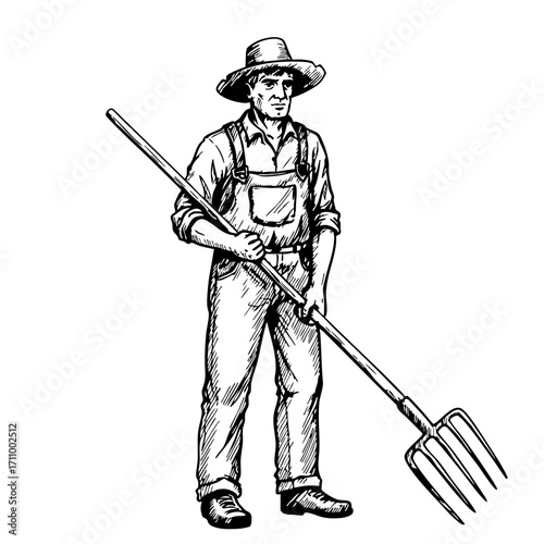 Vintage sketch of farmer holding a pitchfork in a rustic setting  