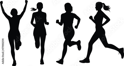 Silhouette of women running, jogging, exercising, fitness training, marathon race, healthy lifestyle, workout, outdoor activity, sport, energy, movement illustration