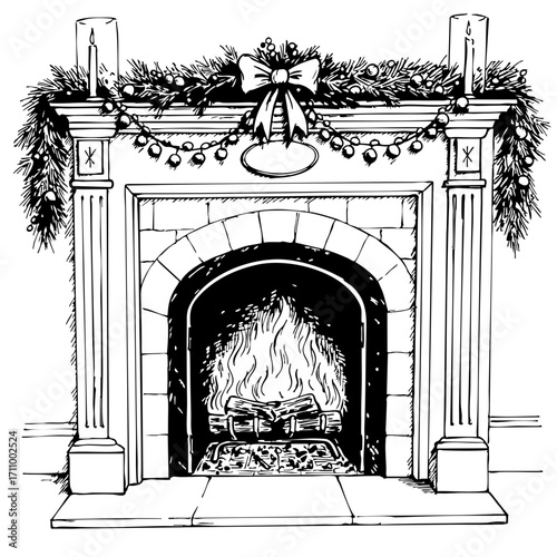 Vintage sketch of a decorated fireplace with a warm fire burning  