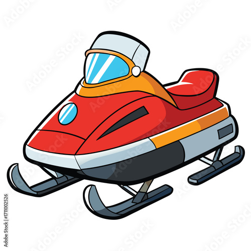 Red and yellow cartoon snowmobile with blue windshield on white background Keywords: snowmobile, snow