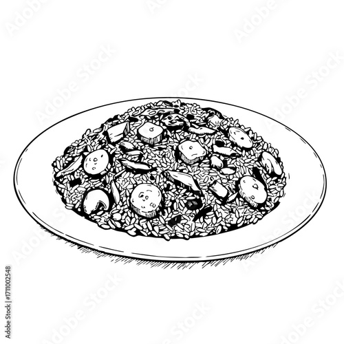 Vintage sketch of fried rice with vegetables on a white plate  
