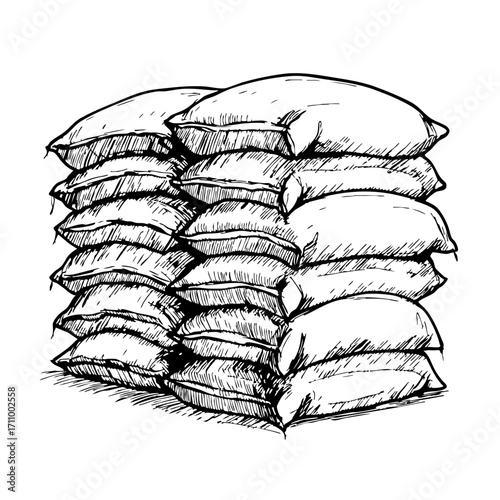 Stacked grain sacks in vintage sketch style  