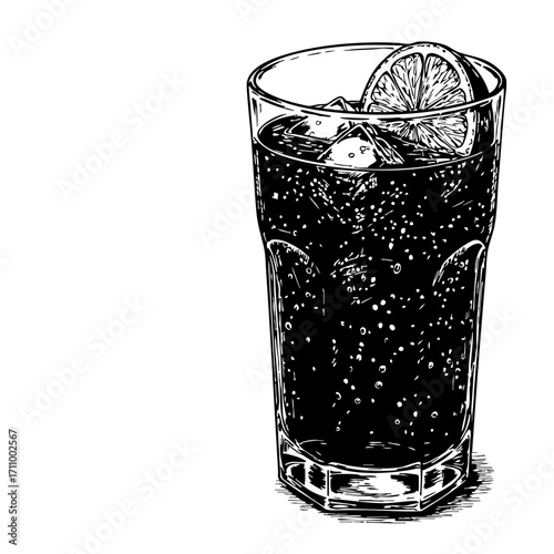 Glass of cola with lime and ice in a vintage sketch style  