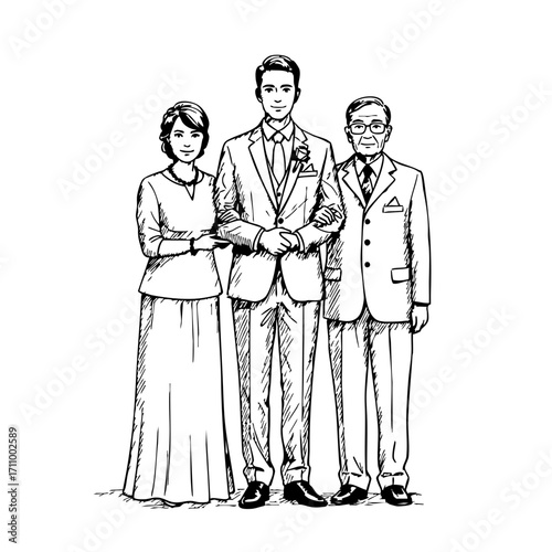 Groom standing with parents in a vintage sketch style  