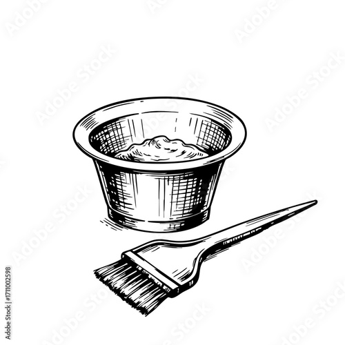 Vintage sketch of a hair dye bowl and brush for coloring  