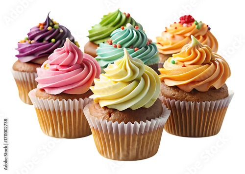 A delightful assortment of colorful cupcakes isolated on transparent background, each adorned with vibrant frosting and sprinkles, perfect for celebrations