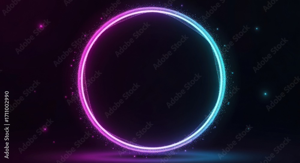 Obraz premium Dynamic neon circle pulsing with vibrant cosmic dust, ideal for futuristic event invites and digital art.