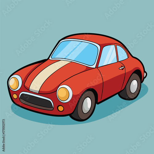 Red cartoon vintage car with cream stripe on teal background Keywords: car, automobile, vintage, retro, red