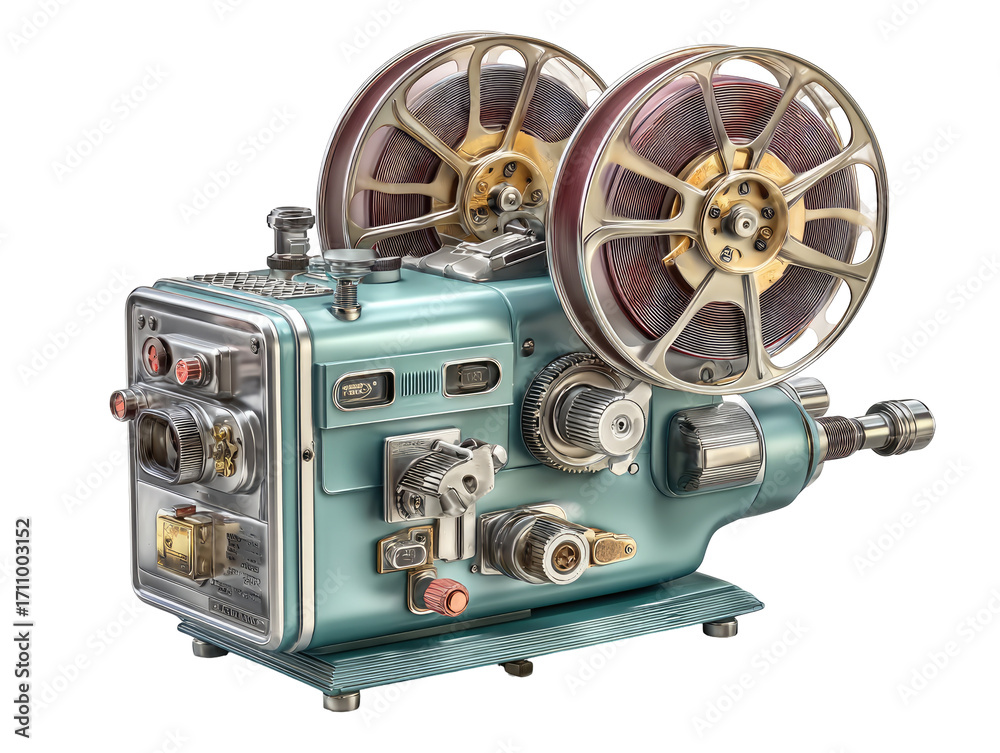 Fototapeta premium Detailed vintage film projector, teal and metallic casing, intricate gears and mechanisms, and dual film reels