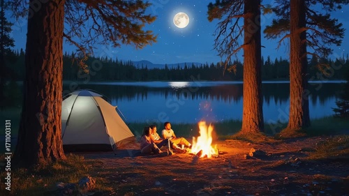 Friends camping by the lake with campfire under full moon at night