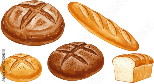 Watercolor vector illustration collection of different types of bread on white background