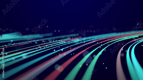 Digital information space background. Flow of moving particles. Big data visualization. 3D rendering
