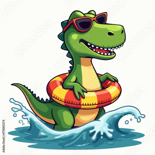 Vector fashion drawing for children, teenager t-shirt. 
Cute green dinosaur boy in sunglasses 
with inflatable ring swims on sea wave
isolated on white background. Cartoon design for fabric, paper.
