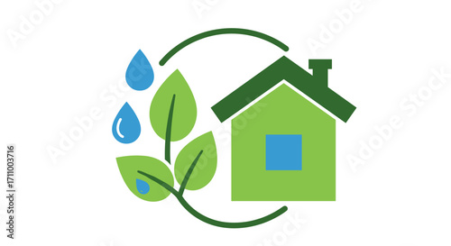 Eco-friendly house graphic with leaves and water droplets  
