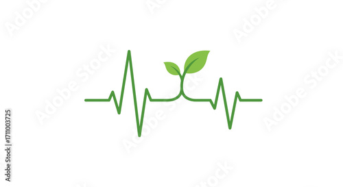 Green heartbeat line with leaves symbolizing health and wellness  