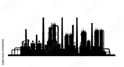 Industrial factory silhouette with pipes and towers on white background  