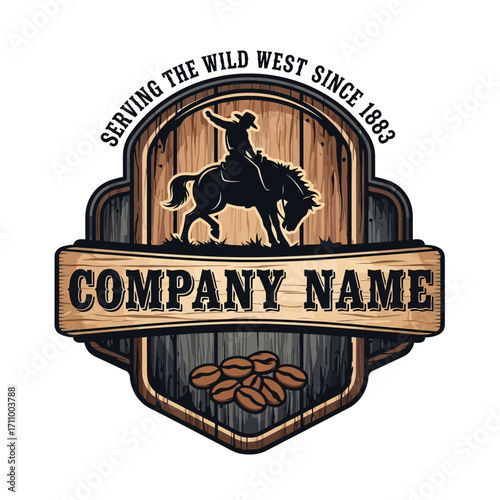 A cowboy riding a bucking horse, surrounded by coffee beans, a vintage-style graphic design.