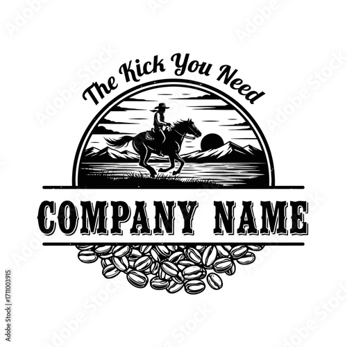 A cowboy riding a bucking horse, surrounded by coffee beans, a vintage-style graphic design.