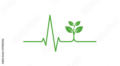 Green pulse line with growing plant symbolizing health and nature  