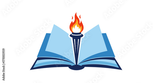 Open book with torch flame symbolizing knowledge and enlightenment  