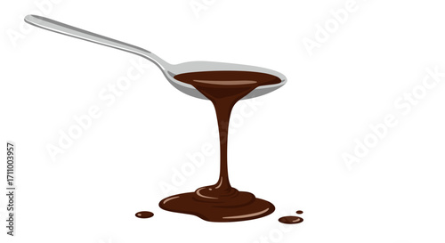 Chocolate syrup dripping from a silver spoon on white background  