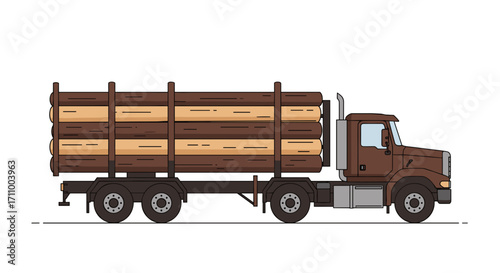 Logging truck carrying wooden logs in flat design  