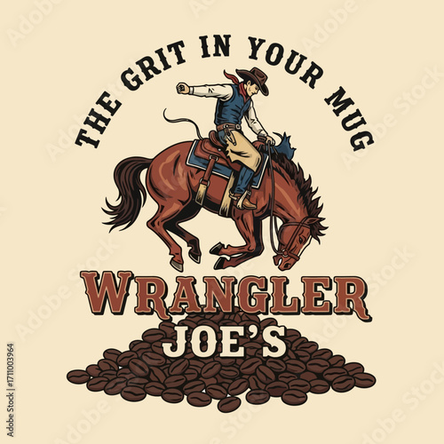 A cowboy riding a bucking horse, surrounded by coffee beans, a vintage-style graphic design.