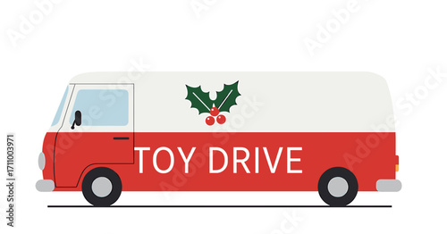 Toy drive van decorated with holly on white background  