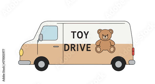 Toy drive van with teddy bear illustration for charity event  