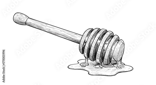 Honey dipper with dripping honey on white background  