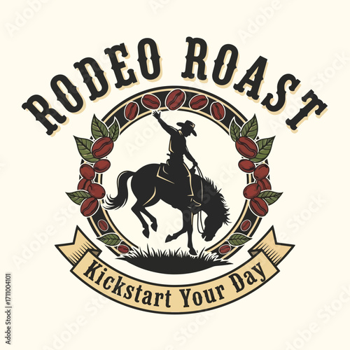 A cowboy riding a bucking horse, surrounded by coffee beans, a vintage-style graphic design.