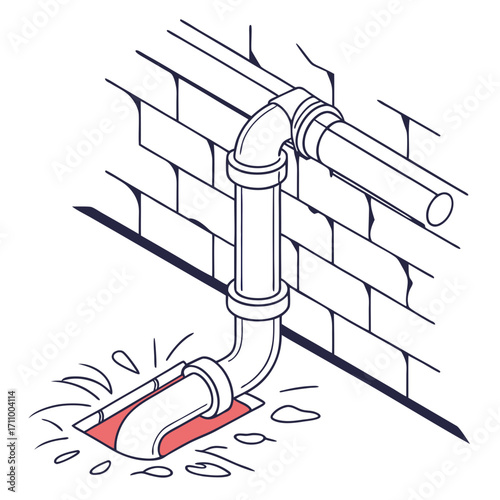 Plumbing pipe draining wastewater from wall in simple outline style  