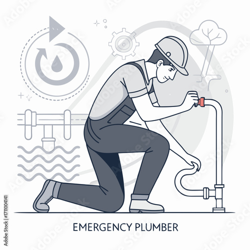 Emergency plumber fixing a pipe while crouching in a workshop  