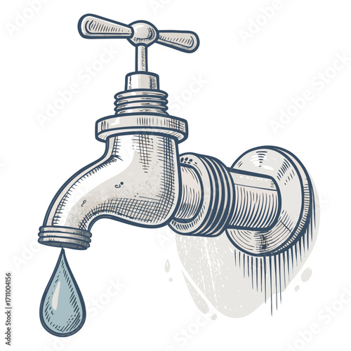 Vintage water tap with dripping water and metal finish  