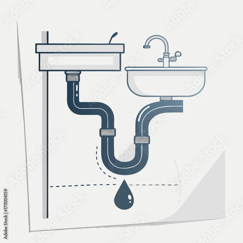 Illustration of plumbing pipes and sink with dripping water  