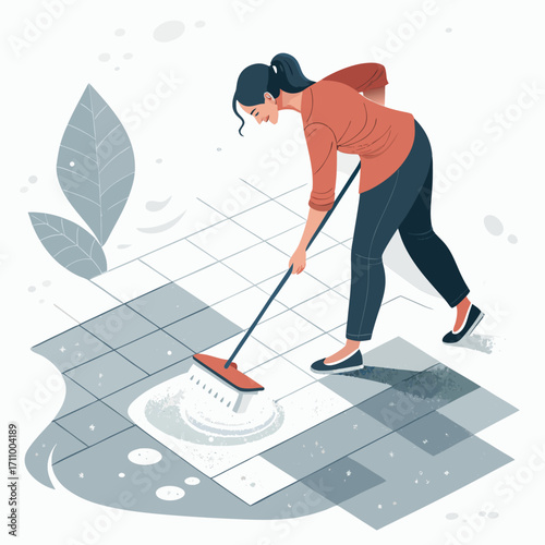 Woman cleaning tiled floor with mop in bright indoor environment  