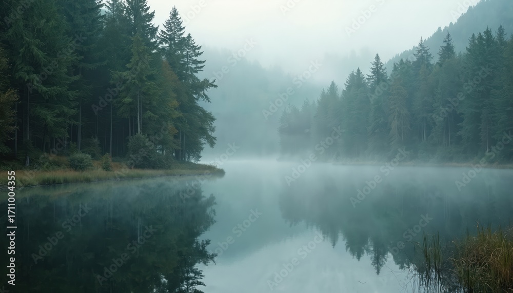 Fototapeta premium Scenic photo of a lake surrounded by misty forest. Calm water reflects trees. Nature landscape shows morning fog. Atmosphere is tranquil serene peaceful.