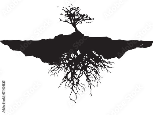 Stunning exposed roots design over stone silhouette vector drawing