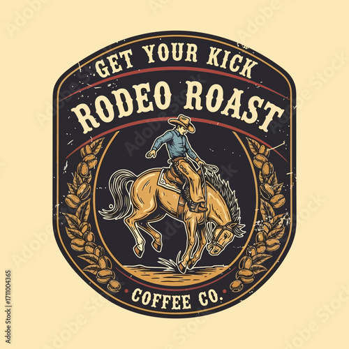A cowboy riding a bucking horse, surrounded by coffee beans, a vintage-style graphic design.