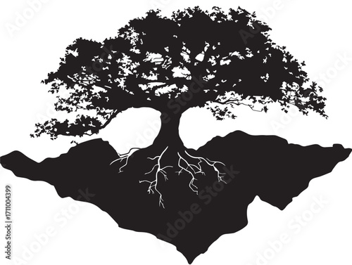 Wild forest rock with exposed tree roots silhouette vector art