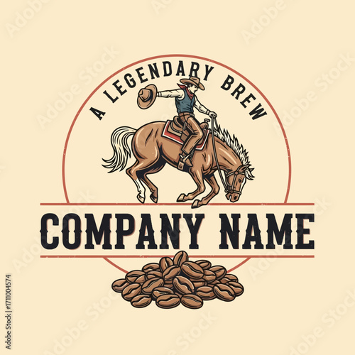 A cowboy riding a bucking horse, surrounded by coffee beans, a vintage-style graphic design.