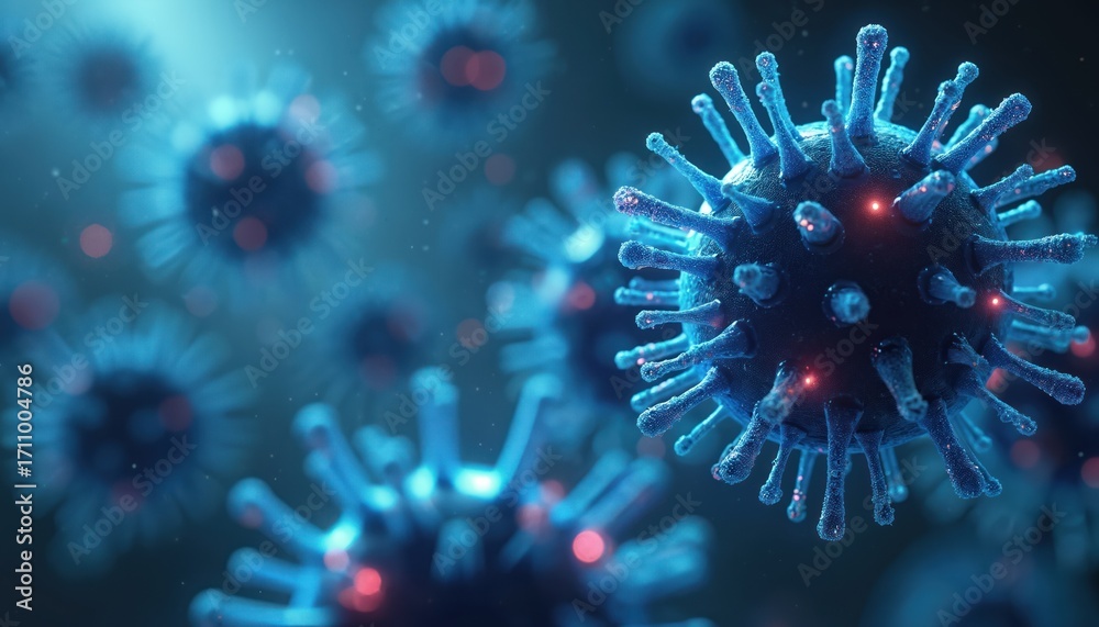Fototapeta premium Abstract 3D illustration of a virus particle with spikes. Microscopic view of pathogenic cells with glowing red centers. Medical science concept for contagion and disease outbreak.
